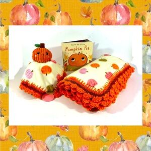 Little Pumpkin Orange Crochet Baby Blanket and Lovey Book Set